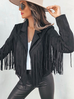 Giacca in pelle scamosciata Colletto con risvolto nero Risvolto con frange Vita alta Tinta unita Oversize Vestibilità rilassata Capispalla da strada primavera autunno per le donne