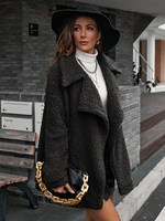 Giacca lunga in finta felpa nera manica lunga bavero con zip vestibilità comoda casual primavera autunno street Teddy cappotto capispalla per le donne