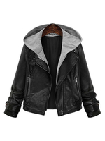 Giacca Moto Pelle chic & moderna nera collage cerniera incappucciata maniche lunghe Inverno Autunno in cuoio poliuretano