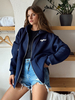 Giacche da donna con cappuccio cerniera bicolore casual da interno blu navy scuro per donna