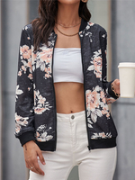 Giacche da donna Giacca nera da campo casual con cerniera elasticizzata stampata floreale con collo gioiello