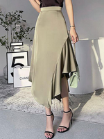Gonna per donna Pantaloni da donna estivi asimmetrici a vita rialzata a metà polpaccio verde simile alla seta