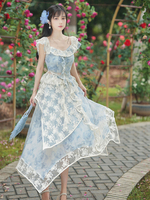 Gonna superiore senza maniche con stampa floreale in pizzo Lolita azzurro cielo