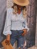 Maglietta a maniche lunghe da donna con scollo a V con stampa floreale in poliestere blu