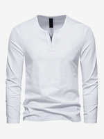 Maglietta casual a tinta unita con scollo a V in cotone da uomo a maniche lunghe