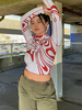 Maglietta da donna Camicetta con piping elasticizzata stampata in poliestere a maniche lunghe con collo gioiello rosso
