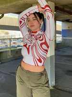 Maglietta da donna Camicetta con piping elasticizzata stampata in poliestere a maniche lunghe con collo gioiello rosso
