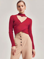 Magliette a maniche lunghe Maglietta da donna in poliestere con collo gioiello rosso