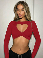 Magliette a maniche lunghe rosse con scollo a gioiello in poliestere da donna