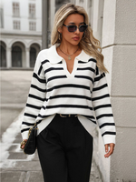 Maglione da donna con scollo a V bianco bicolore maniche lunghe oversize in poliestere