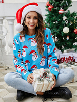 Maglione pullover da donna blu con motivo natalizio; collo gioiello; maniche lunghe; maglioni in acrilico