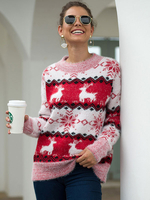 Maglione pullover da donna blu con motivo natalizio; collo gioiello; maniche lunghe; maglioni in acrilico