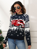 Maglione pullover da donna blu scuro con motivo natalizio; collo gioiello; maniche lunghe; maglioni in acrilico
