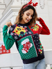Maglione pullover da donna blu scuro con motivo natalizio; collo gioiello; maniche lunghe; maglioni in acrilico