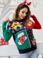 Maglione pullover da donna blu scuro con motivo natalizio; collo gioiello; maniche lunghe; maglioni in acrilico