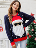 Maglione pullover da donna blu scuro con motivo natalizio; collo gioiello; maniche lunghe; maglioni in acrilico