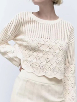 Maglione pullover da donna Ecru White Cut Out Jewel Neck Maniche lunghe Maglioni in poliestere