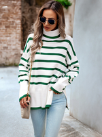 Maglione pullover da donna Maglioni in acrilico a maniche lunghe con collo alto e strisce frontali con spacco verde