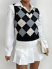 Maglione pullover da donna Maglioni in poliestere elasticizzato senza maniche con scollo a V scozzese a tubino nero