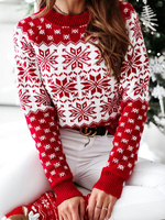 Maglione pullover donna Piping rosso motivo stampato Gioiello collo maniche lunghe Maglioni natalizi in poliestere elasticizzato