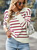 Maglione pullover donna righe bordeaux colletto turndown maniche lunghe maglioni in poliestere