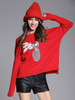 Maglione pullover natalizio da donna con pompon rossi con stampa animalier; collo gioiello; maniche lunghe; maglioni in acrilico