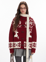 Maglioni Cardigan Rosso Poliestere Stampa Animalier Maniche Lunghe Scollo Gioiello Oversize
