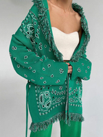 Maglioni Cardigan Verde Poliestere Stampato Frange Maniche Lunghe Scollo a V Cardigan oversize