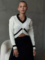 Maglioni da donna blu navy scuro bicolore scollo a V maniche lunghe maglioni oversize in poliestere
