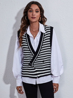 Maglioni Nero Acrilico Righe Bottoni Maniche Lunghe Cardigan Con Scollo A V