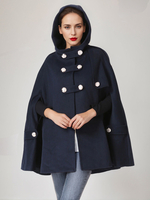 Mantella con cappuccio in misto lana blu scuro Poncho invernale oversize doppiopetto per donna 2025