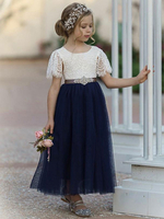 Maroon Flower Girl Abiti Gioiello Collo Maniche corte Sash Bambini Abiti da festa sociale