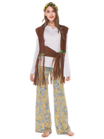 Marrone caffè Costumi retrò Poliestere Stampa floreale Copricapo Maria Antonietta Costume da donna Hippies Set Abbigliamento vintage