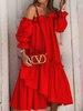 Maxi abiti da donna maniche lunghe abito rosso con scollo a barchetta maxi abito asimmetrico lungo il pavimento