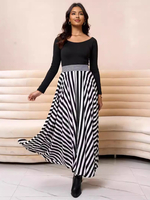 Maxi Abiti Gioiello Collo Maniche Lunghe Elegante Strisce Lungo Vestito Per Le Donne 2025