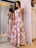 Maxi abiti senza maniche con stampa floreale rossa cinghie collo volant abito lungo in chiffon a strati