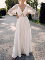 Maxi abito in poliestere casual con scollo a V maniche lunghe abiti lunghi in pizzo bianco