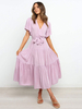Maxi vestiti da donna Maniche corte Lavanda con scollo a V Lace Up Abito lungo estivo in poliestere a strati