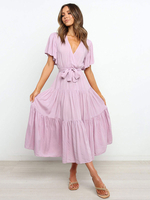 Maxi vestiti da donna Maniche corte Lavanda con scollo a V Lace Up Abito lungo estivo in poliestere a strati