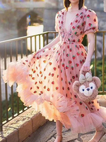 Maxi vestiti maniche corte rosa stampato scollo a V tulle stampa fragole abito lungo con lacci