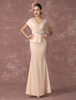 Mermaid Abito da sera Champagne Peplum Party Dress con scollo a v madre della Sposa In lunghezza alla caviglia