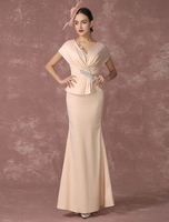 Mermaid Abito da sera Champagne Peplum Party Dress con scollo a v madre della Sposa In lunghezza alla caviglia