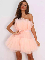 Mini abiti in tulle Abito a strati con fiocchi senza maniche pieghettati senza spalline