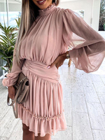Mini abiti rosa gioiello collo maniche lunghe in chiffon abito corto