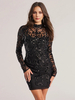 Mini abito con paillettes nero a maniche lunghe con scollo a finta abito aderente trasparente per feste di compleanno per donna 2025