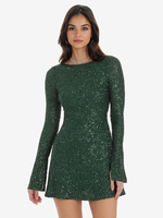 Mini abito con paillettes schiena scoperta maniche lunghe abito da festa di compleanno a trapezio per donna 2025
