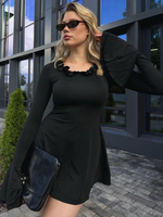 Mini abito nero con volant maniche a campana scollo gioiello aderente corto primaverile per donna 2025