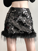 Minigonna nera con paillettes e bordo in piume vita naturale gonna corta sexy per feste di compleanno per le donne 2025