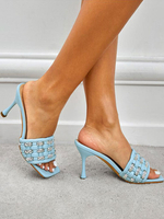 Mules da donna con tacco a spillo e strass in pelle sintetica azzurro cielo