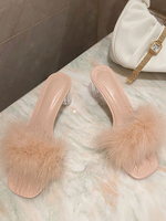 Sabot con tacco da donna con tacco grosso e punta quadrata in finta pelliccia di zoccoli in pelle PU